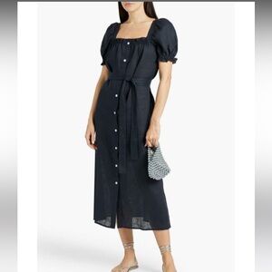 SLEEPER Square Neckline Linen NAVY Blue Long MIDI Dress Small with belt
